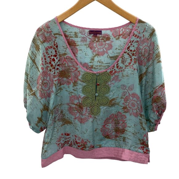 Sweet‎ Sinammon Top Blouse Womens Small Blue Purple Silk Bohoemian Hippie - Picture 1 of 8